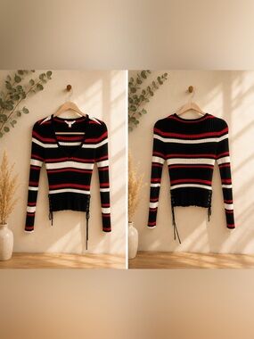 Striped Ribbed Lace-Up V-Neck Sweater - Black/Red/White